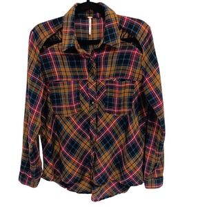 Free People Plaid Snap‎ Button Shirt  Stitch Detail Oversized Boho Grunge